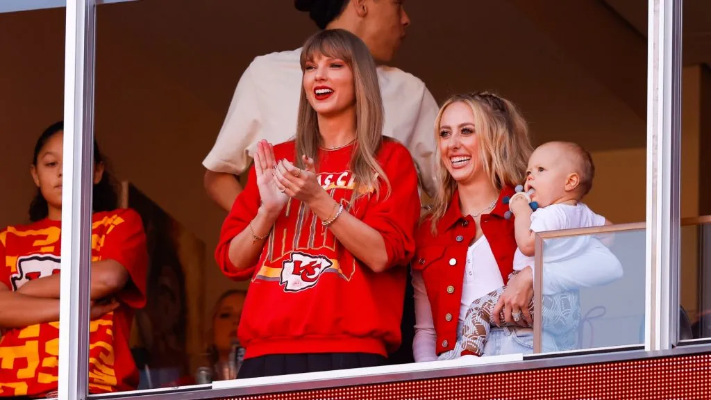 Taylor Swift and Brittany Mahomes look on during a game between the Los Angeles Chargers and Kansas City Chiefs at GEHA Field. (Source: David Eulitt/Getty Images)