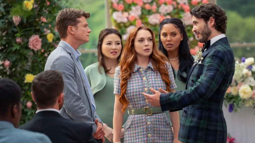 Lindsay Lohan, Ed Speleers, Elizabeth Tan, Ayesha Curry and Alexander Vlahos in Irish Wish. (Source: IMDb)