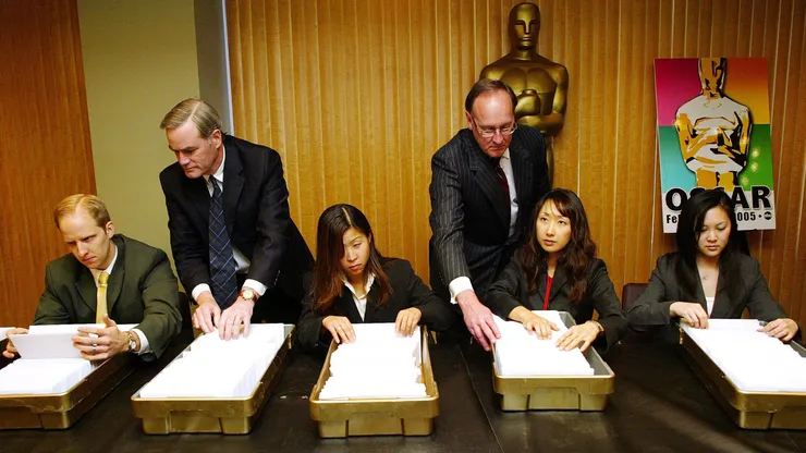 The Academy Award Balloting Team, examine ballots to be mailed at the Academy of Motion Picture Arts and Sciences February 2, 2005