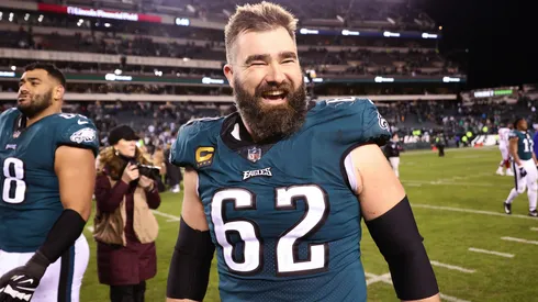 Jason Kelce #62 of the Philadelphia Eagles celebrates on the field after defeating the New York Giants 38-7 in the NFC Divisional Playoff game in 2023.