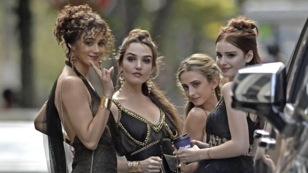 Nathalie Emmanuel, Chloe Fineman, Madeleine Gardella and Isabelle Kusman in Megalopolis. (Source: IMDb)