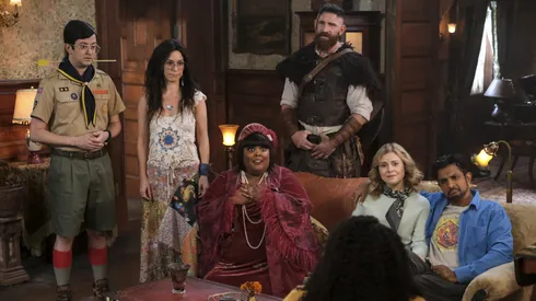 Bertrand Calmeau, Rose McIver, Utkarsh Ambudkar, Richie Moriarty, Rodrigo Fernandez-Stoll, Sheila Carrasco, Devan Chandler Long, Danielle Pinnock and Ashley D. Kelley in Ghosts.