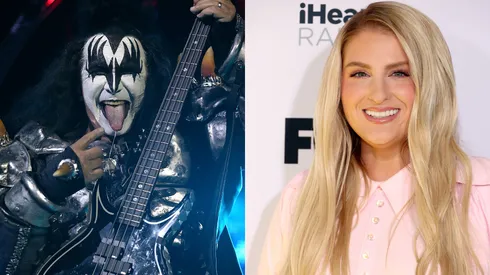 Gene Simmons of KISS, performs during the World Tour — Meghan Trainor attends the 2024 iHeartRadio Music Awards.
