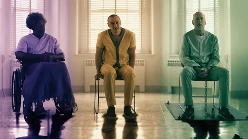 Samuel L. Jackson, Bruce Willis and James McAvoy in Glass.