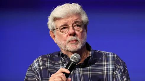 George Lucas speaks on stage at the 77th annual Cannes Film Festival at Palais des Festivals on May 24, 2024 in Cannes, France.