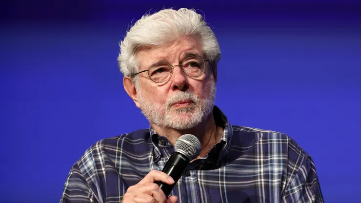 George Lucas speaks on stage at the 77th annual Cannes Film Festival at Palais des Festivals on May 24, 2024 in Cannes, France.