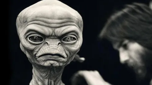 Steven Spielberg with the prototype of the lead alien for "Night Skies".