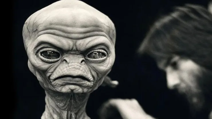 Steven Spielberg with the prototype of the lead alien for "Night Skies".