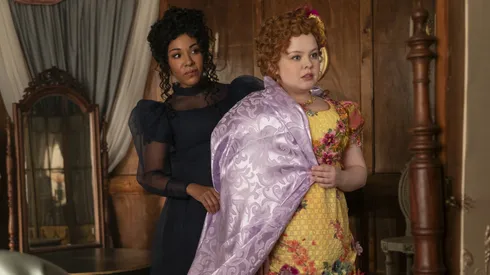 Kathryn Drysdale and Nicola Coughlan in Bridgerton, Season 3.