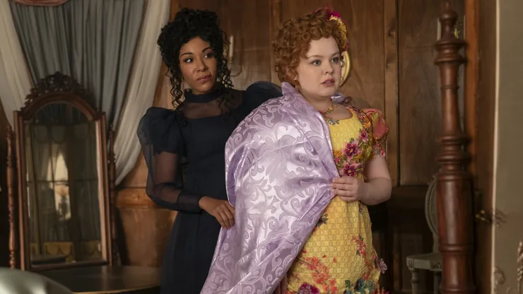 Kathryn Drysdale and Nicola Coughlan in Bridgerton, Season 3.