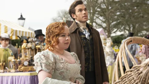 Nicola Coughlan and Luke Newton in Bridgerton, Season 3.