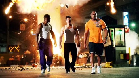 Mark Wahlberg, Dwayne Johnson and Anthony Mackie in Pain & Gain.