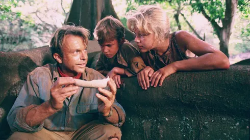 Sam Neill, Ariana Richards and Joseph Mazzello in Jurassic Park.