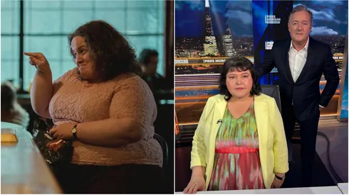 Baby Reindeer's Martha (left) and Fiona Harvey with Piers Morgan