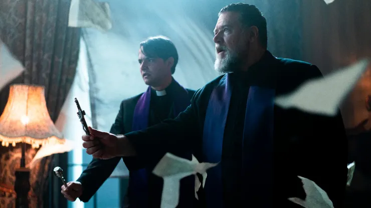 Russell Crowe and Daniel Zovatto in The Pope's Exorcist.