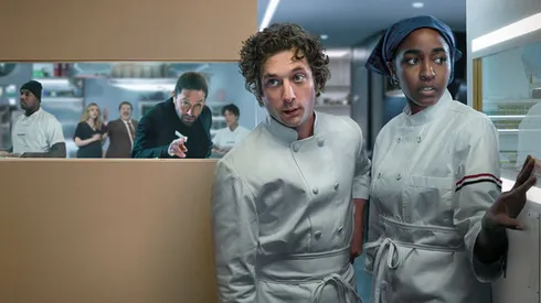 Jeremy Allen White, Ebon Moss-Bachrach, Ayo Edebiri, Liza Colón-Zayas, Abby Elliott, Matty Matheson and Lionel Boyce in The Bear, Season 3.
