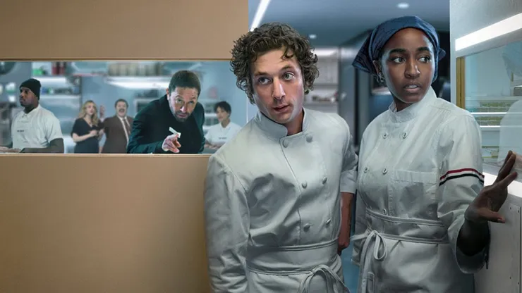 Jeremy Allen White, Ebon Moss-Bachrach, Ayo Edebiri, Liza Colón-Zayas, Abby Elliott, Matty Matheson and Lionel Boyce in The Bear, Season 3.