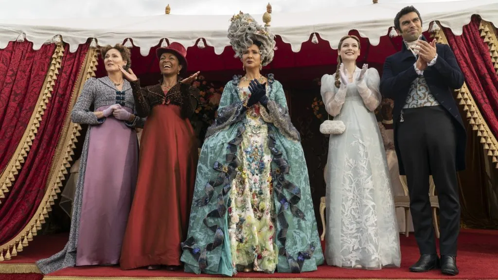 Adjoa Andoh, Ruth Gemmell, Golda Rosheuvel, David Mumeni and Hannah Dodd in Bridgerton, Season 3. (Source: IMDb)
