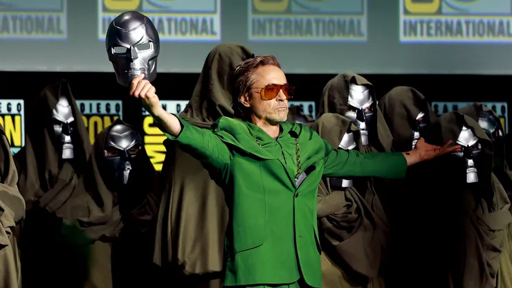 Robert Downey Jr. speaks onstage at the Marvel Studios Panel during 2024 Comic-Con International at San Diego Convention Center on July 27, 2024 in San Diego, California.