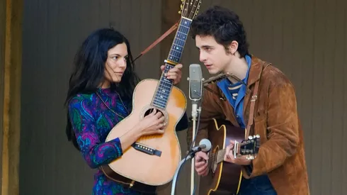 Monica Barbaro and Timothée Chalamet behind the scenes of "A Complete Unknown".
