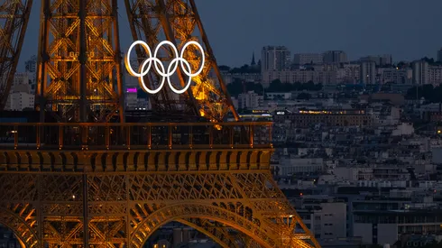 A general view of the Eiffel Tower with the Olympic Rings from the Arc de Triomphe ahead of the Opening Ceremony of the Paris 2024 Olympic Games.