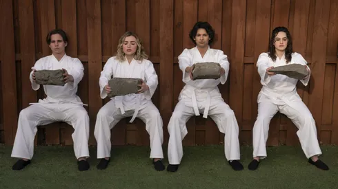 Mary Mouser, Peyton List, Tanner Buchanan and Xolo Maridueña in Cobra Kai.