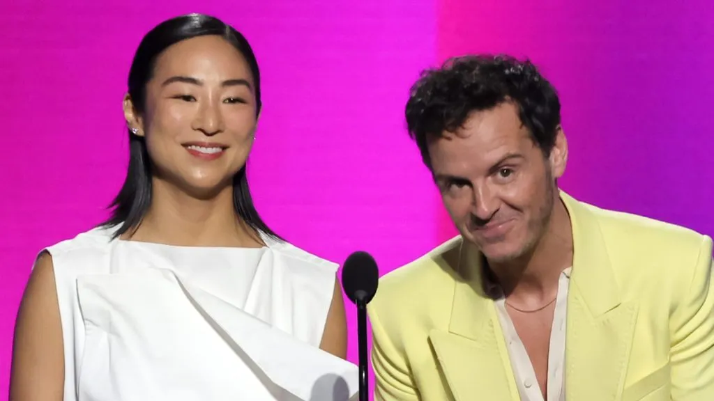 Greta Lee and Andrew Scott speak onstage during the 2024 Film Independent Spirit Awards on February 25, 2024. (Source: Kevin Winter/Getty Images)
