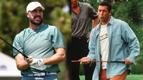 Travis Kelce playing golf in 2024 — Adam Sandler in Happy Gilmore.