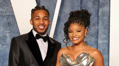 DDG and Halle Bailey attend the 2023 Vanity Fair Oscar Party Hosted By Radhika Jones at Wallis Annenberg Center for the Performing Arts on March 12, 2023 in Beverly Hills, California.