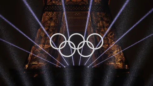 A Light Show takes place as The Olympic Rings on the Eiffel Tower are illuminated during the opening ceremony of the Olympic Games Paris 2024.