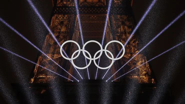 A Light Show takes place as The Olympic Rings on the Eiffel Tower are illuminated during the opening ceremony of the Olympic Games Paris 2024.