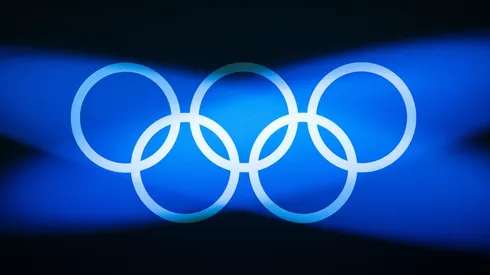 The Olympic rings are illuminated in the stage ahead of the Weightlifting Men's 89kg on day fourteen of the Olympic Games Paris 2024 at South Paris Arena on day fourteen of the Olympic Games Paris 2024 at South Paris Arena on August 09, 2024 in Paris, France.
