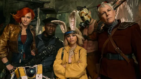 Jamie Lee Curtis, Cate Blanchett, Kevin Hart, Ariana Greenblatt and Florian Munteanu in "Borderlands".