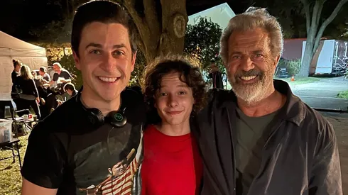 David Henrie, Mason Thames and Mel Gibson on the set of Monster Summer.