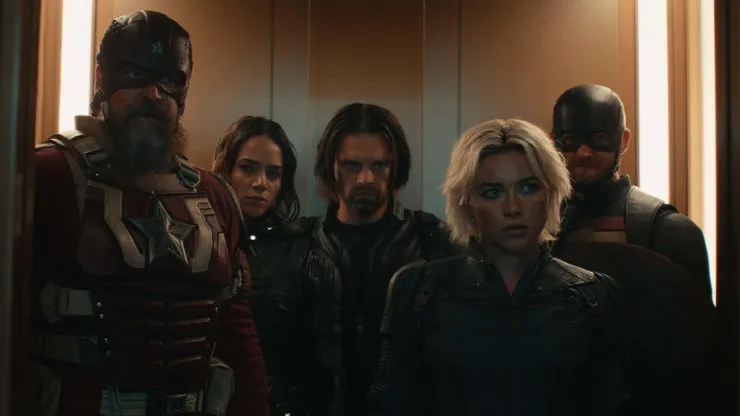 Wyatt Russell, David Harbour, Sebastian Stan, Hannah John-Kamen, Florence Pugh, and John Davis Walker in Thunderbolts.