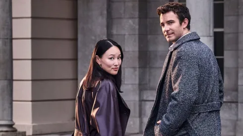 Yerin Ha and Luke Thompson in a photoshoot for Bridgerton Season 4.