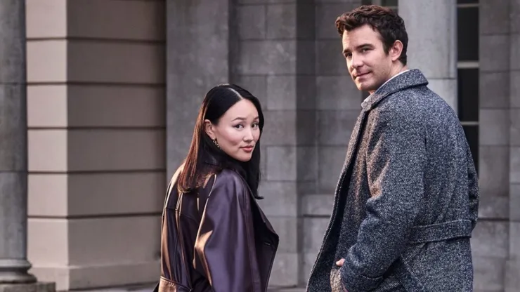Yerin Ha and Luke Thompson in a photoshoot for Bridgerton Season 4.