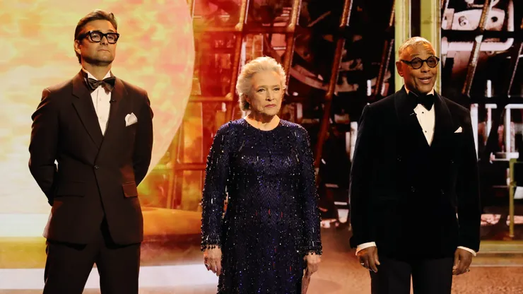 Antony Starr, Kathy Bates and Giancarlo Esposito speak onstage during the 76th Primetime Emmy Awards at Peacock Theater on September 15, 2024.