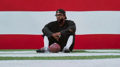 Kendrick Lamar on the poster announcing his 2025 Super Bowl Halftime performance.