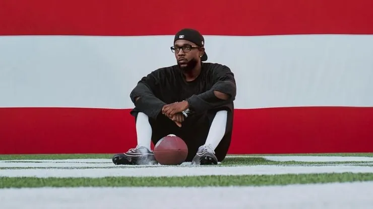 Kendrick Lamar on the poster announcing his 2025 Super Bowl Halftime performance.