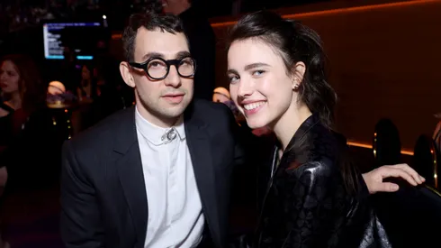 Jack Antonoff and Margaret Qualley attend the 64th Annual GRAMMY Awards at MGM Grand Garden Arena on April 03, 2022.