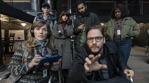 Daniel Brühl, Jessica Hynes, Aya Cash, Himesh Patel, Isaac Powell and Lolly Adefope in The Franchise.