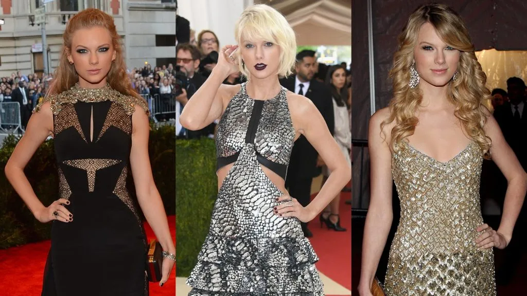 Taylor Swift at the “PUNK: Chaos to Couture” Met Gala 2013, “Manus x Machina: Fashion In An Age Of Technology” Met Gala 2016 and “Superheroes: Fashion and Fantasy” Met Gala 2008. (Source: Jamie McCarthy/Getty Images for The Huffington Post — Larry Busacca/Getty Images — Stephen Lovekin/Getty Images)