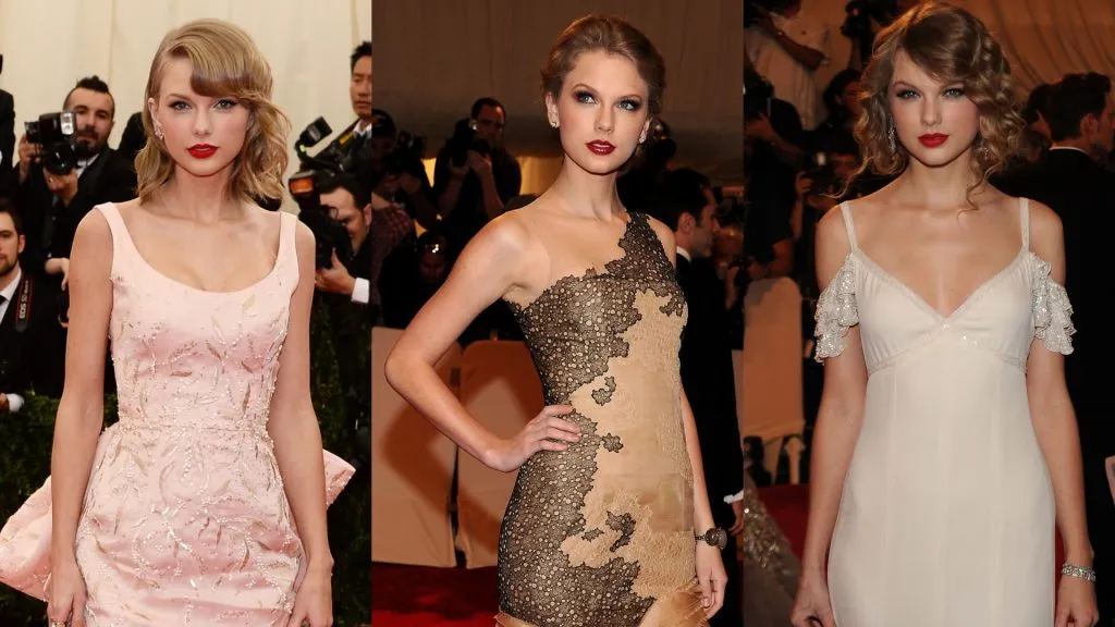 Taylor Swift at the “Charles James: Beyond Fashion” Met Gala in 2014, “Alexander McQueen: Savage Beauty” Met Gala in 2011 and “American Woman: Fashioning a National Identity” Met Gala in 2010. (Source: Dimitrios Kambouris/Getty Images — Larry Busacca/Getty Images)