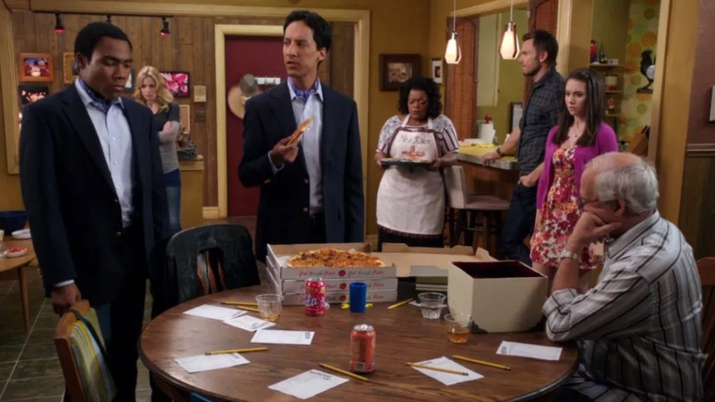 Chevy Chase, Joel McHale, Yvette Nicole Brown, Alison Brie, Gillian Jacobs, Danny Pudi and Donald Glover in “Community” (Source: IMDb)