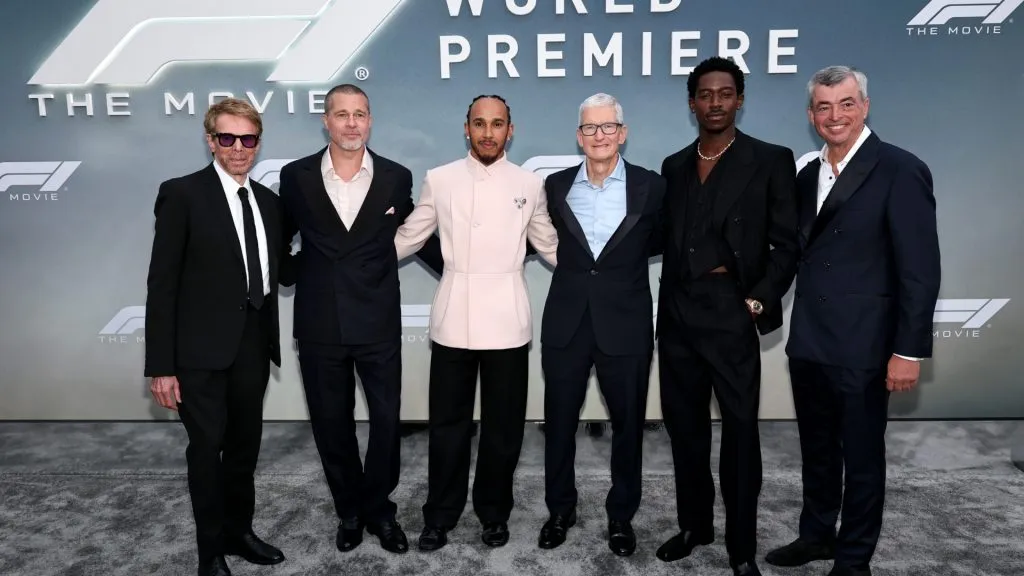 JUNE 16: (L-R) Jerry Bruckheimer, Brad Pitt, Lewis Hamilton, Tim Cook, Damson Idris and Eddy Cue attends the World Premiere of F1® The Movie in Times Square on June 16, 2025 in New York City. (Photo by Jamie McCarthy/Getty Images for Warner Bros. Pictures)