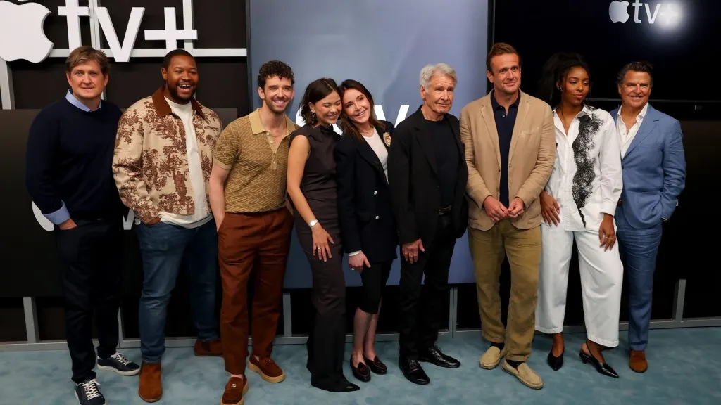 (L-R) Bill Lawrence, Luke Tennie, Michael Urie, Lukita Maxwell, Christa Miller, Harrison Ford, Jason Segel, Jessica Williams and Ted McGinley attend a FYC Event for “Shrinking” hosted by Apple TV+ at Hollywood Athletic Club on May 18, 2025 in Hollywood, California. (Photo by Leon Bennett/Getty Images)