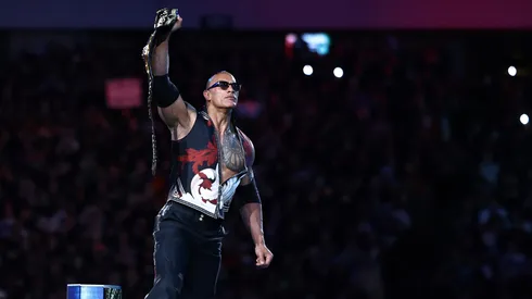 Dwayne "The Rock" Johnson is introduced during a tag team match with Roman Reigns against Cody Rhodes and Seth "Freakin" Rollins during Night One of WrestleMania 40 at Lincoln Financial Field on April 06, 2024 in Philadelphia, Pennsylvania. (Photo by Tim Nwachukwu/Getty Images)