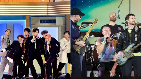 BTS perform onstage during the 2019 Billboard Music Awards at MGM Grand Garden Arena on May 01, 2019 in Las Vegas, Nevada. (Photo by Kevin Winter/Getty Images for dcp) // Jonny Buckland, Chris Martin, Will Champion and Guy Berryman of Coldplay perform onstage at Rose Bowl Stadium on September 30, 2023 in Pasadena, California. (Photo by Monica Schipper/Getty Images)
