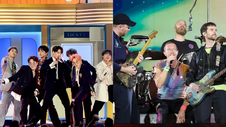 BTS perform onstage during the 2019 Billboard Music Awards at MGM Grand Garden Arena on May 01, 2019 in Las Vegas, Nevada. (Photo by Kevin Winter/Getty Images for dcp) // Jonny Buckland, Chris Martin, Will Champion and Guy Berryman of Coldplay perform onstage at Rose Bowl Stadium on September 30, 2023 in Pasadena, California. (Photo by Monica Schipper/Getty Images)